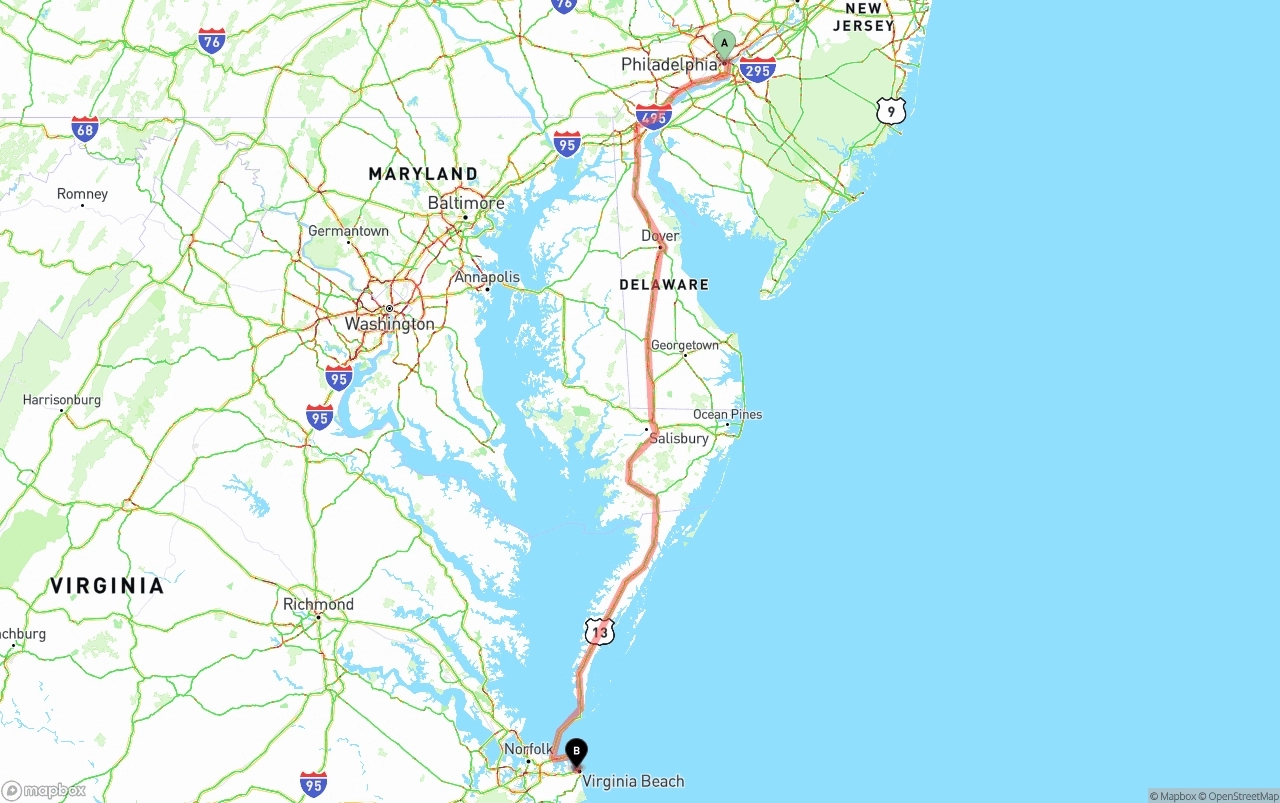 Shipping route from Philadelphia to Virginia Beach
