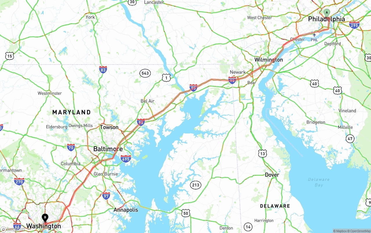 Shipping route from Philadelphia to Washington D.C.