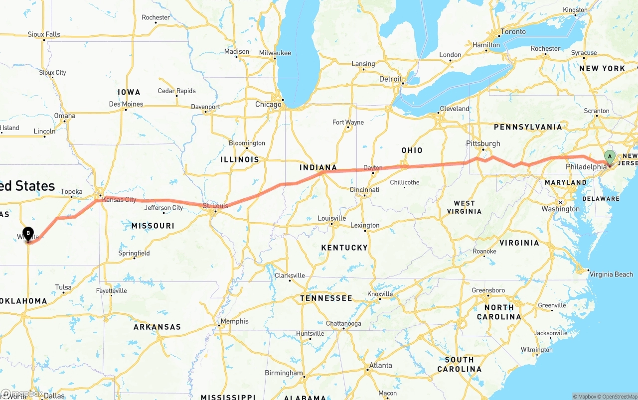 Shipping route from Philadelphia to Wichita