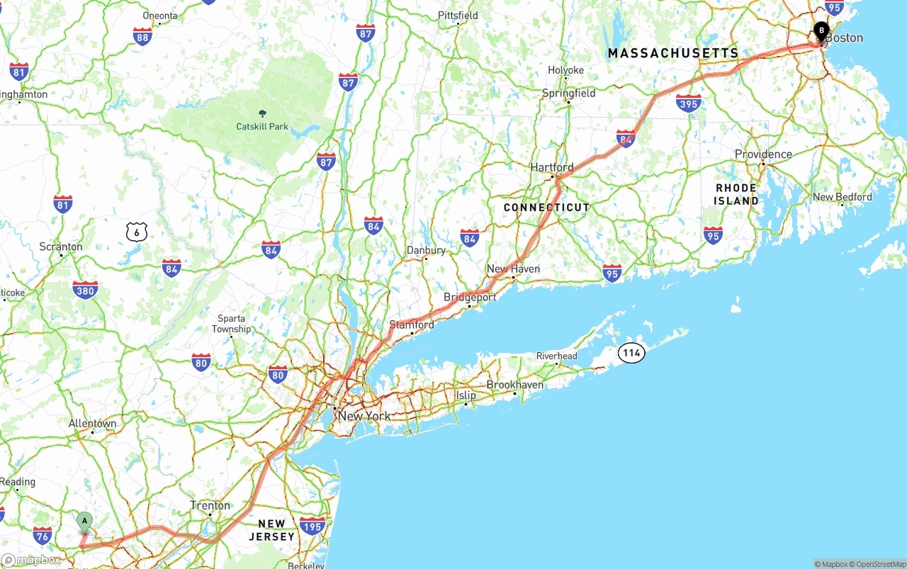 Shipping route from Phoenix to Boston