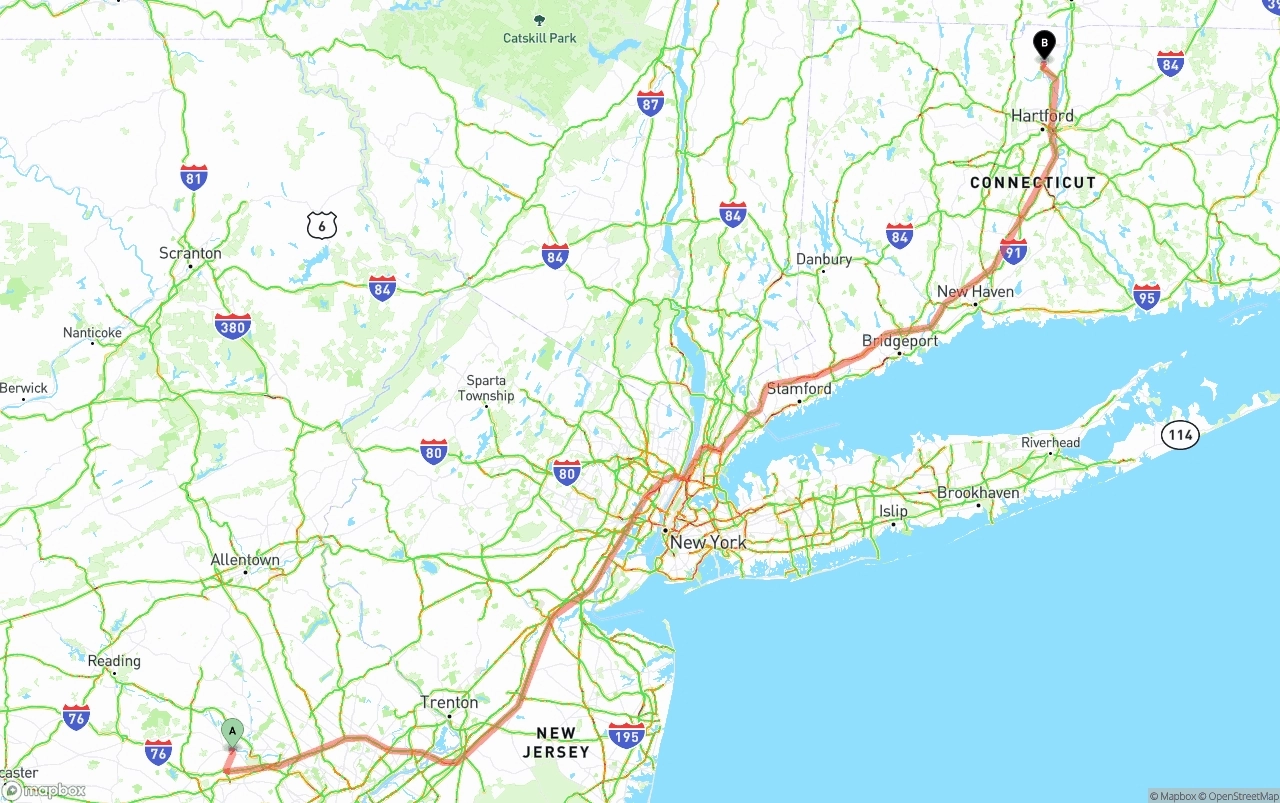 Shipping route from Phoenix to Bradley International Airport