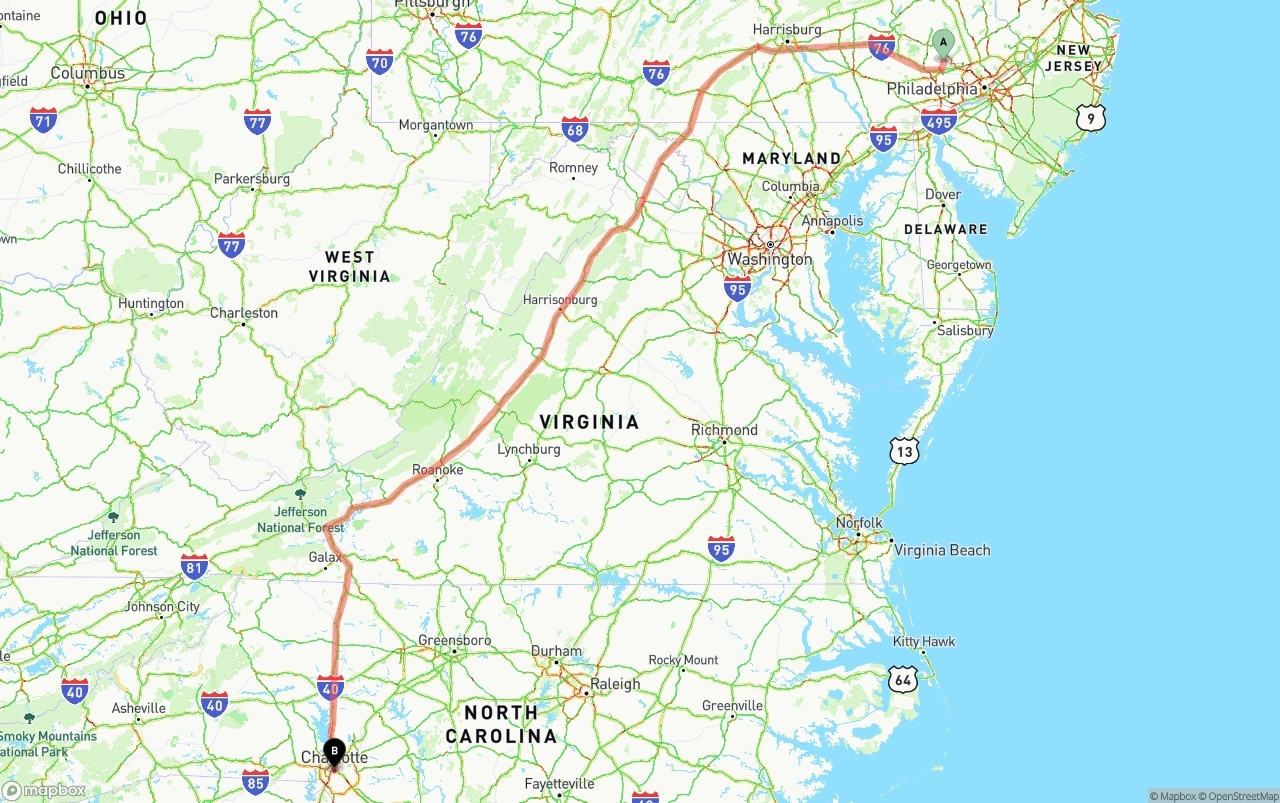 Shipping route from Phoenix to Charlotte