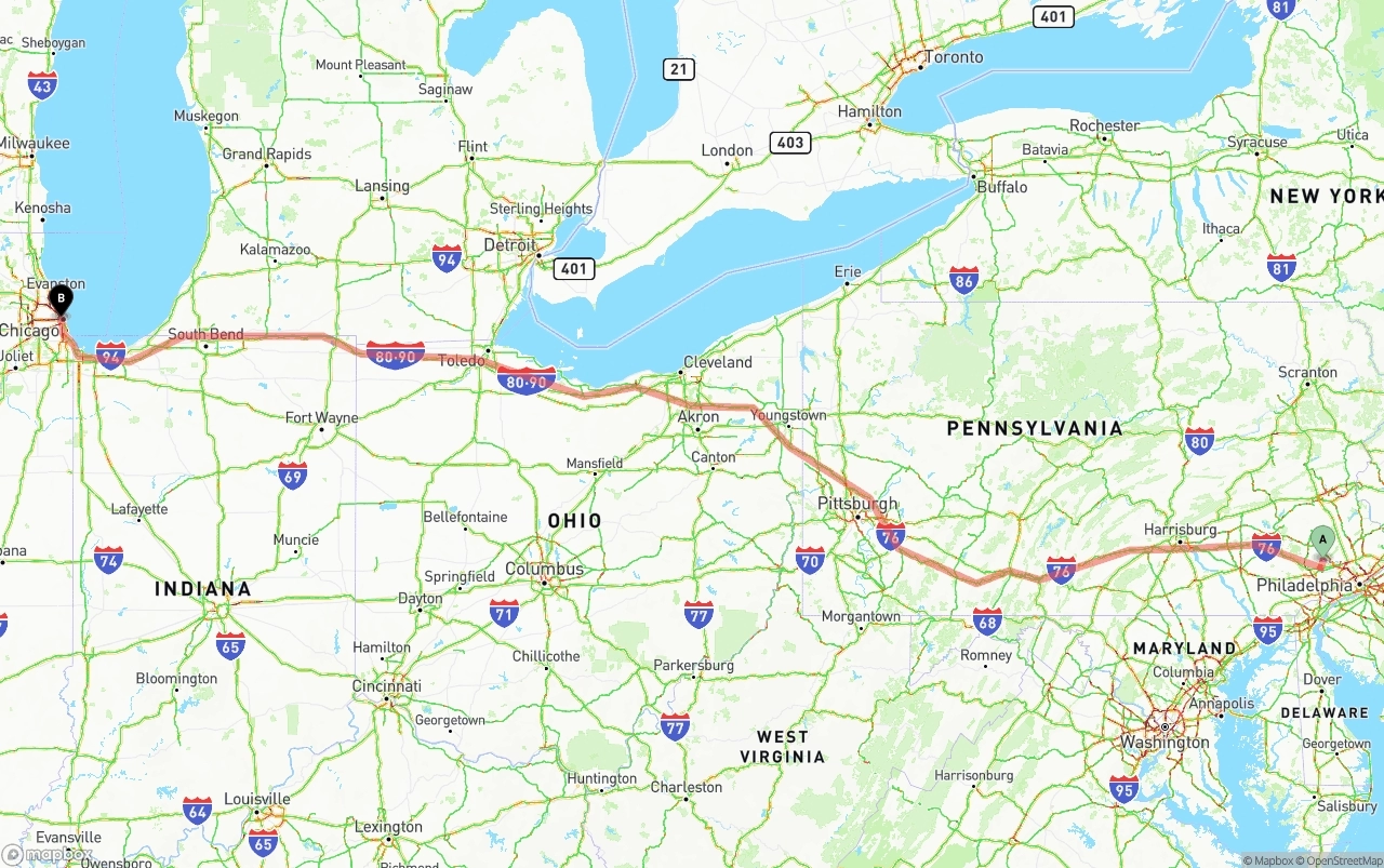 Shipping route from Phoenix to Chicago