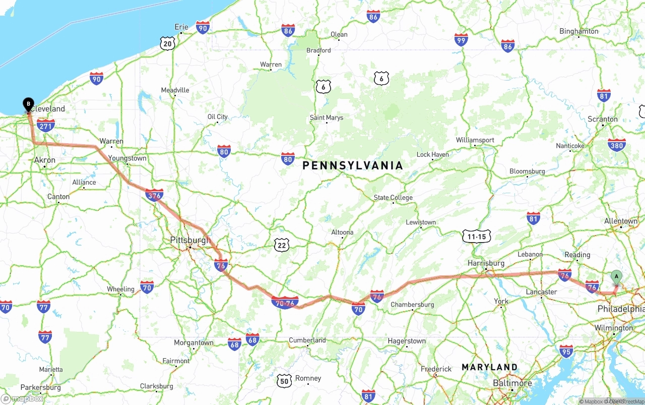 Shipping route from Phoenix to Cleveland