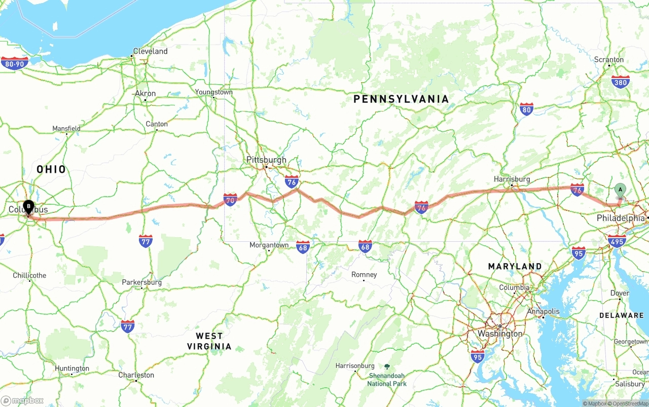 Shipping route from Phoenix to Columbus