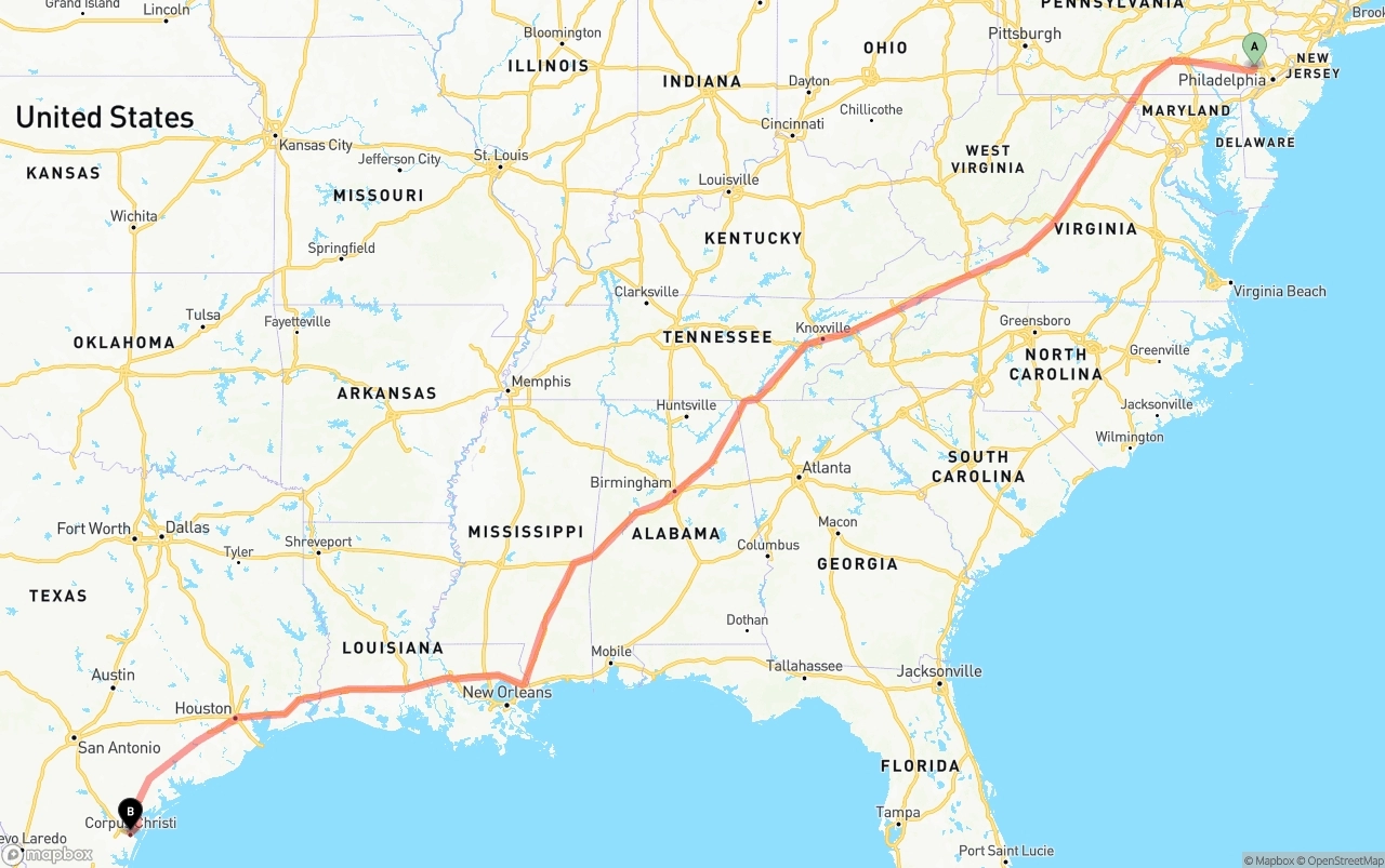 Shipping route from Phoenix to Corpus Christi