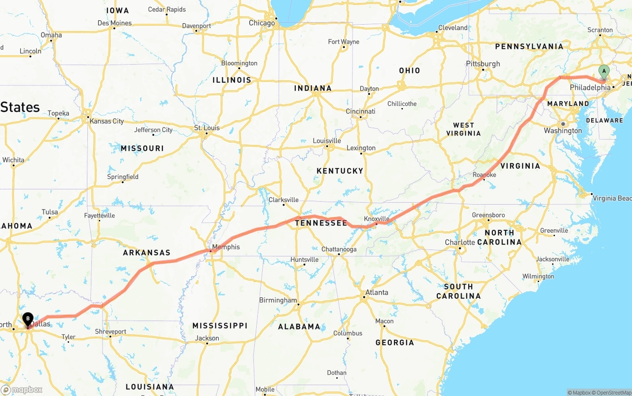 Shipping route from Phoenix to Dallas