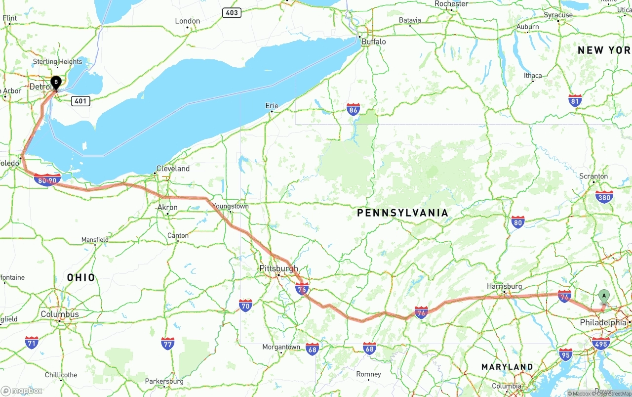 Shipping route from Phoenix to Detroit