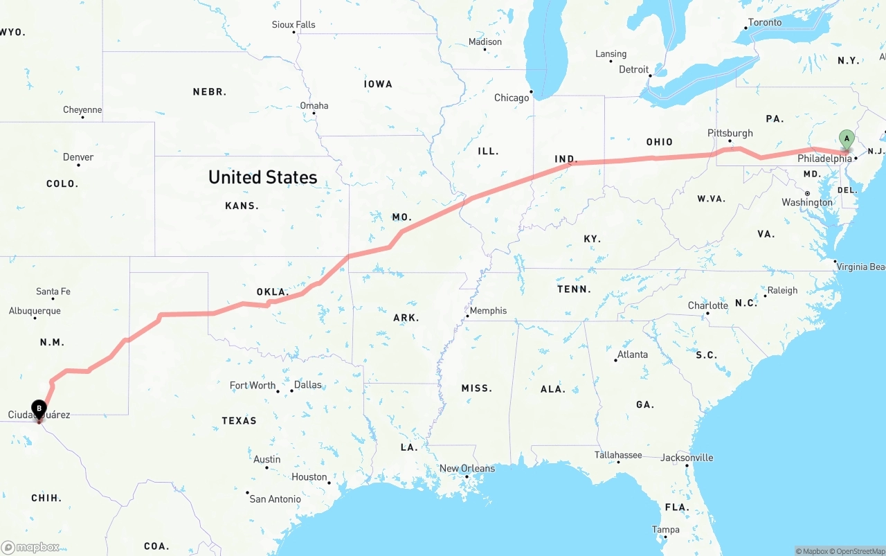 Shipping route from Phoenix to El Paso