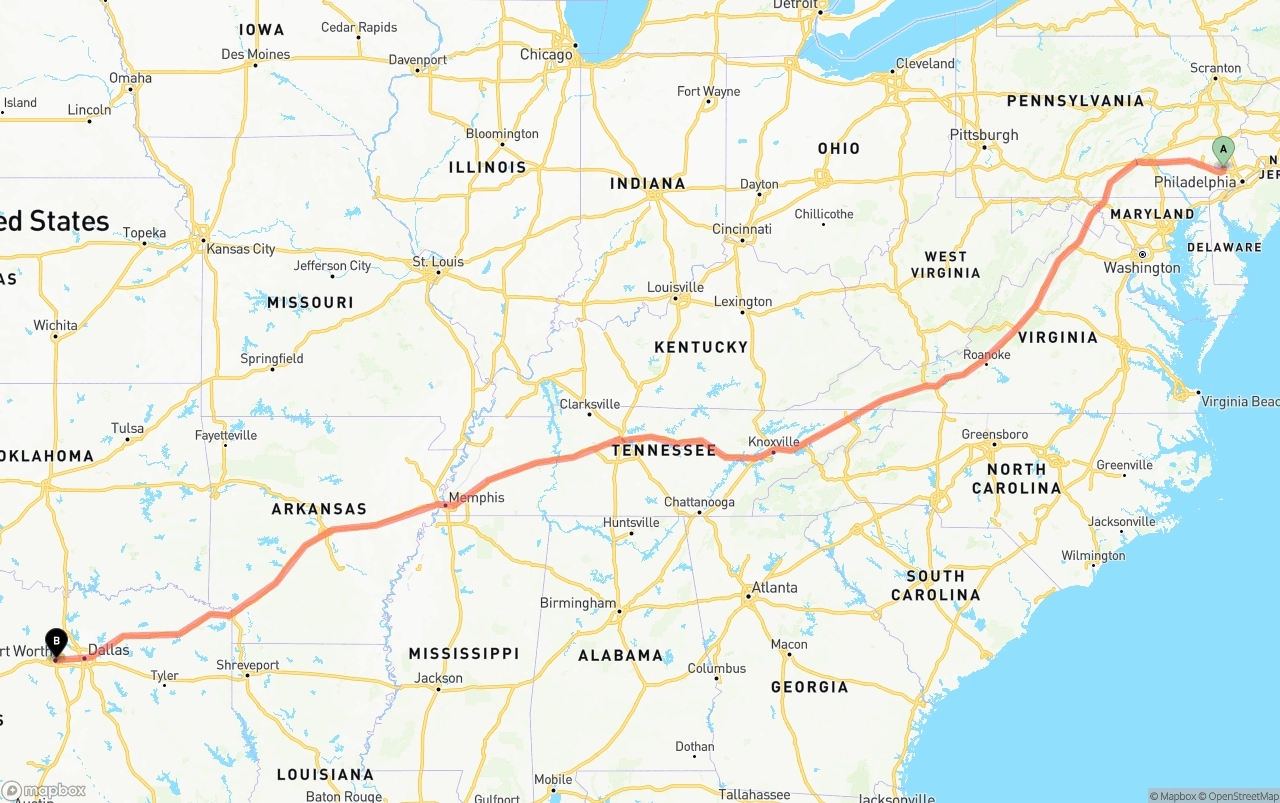 Shipping route from Phoenix to Fort Worth