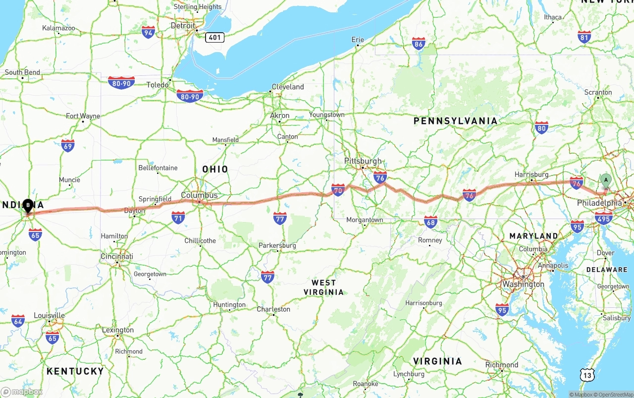 Shipping route from Phoenix to Indianapolis