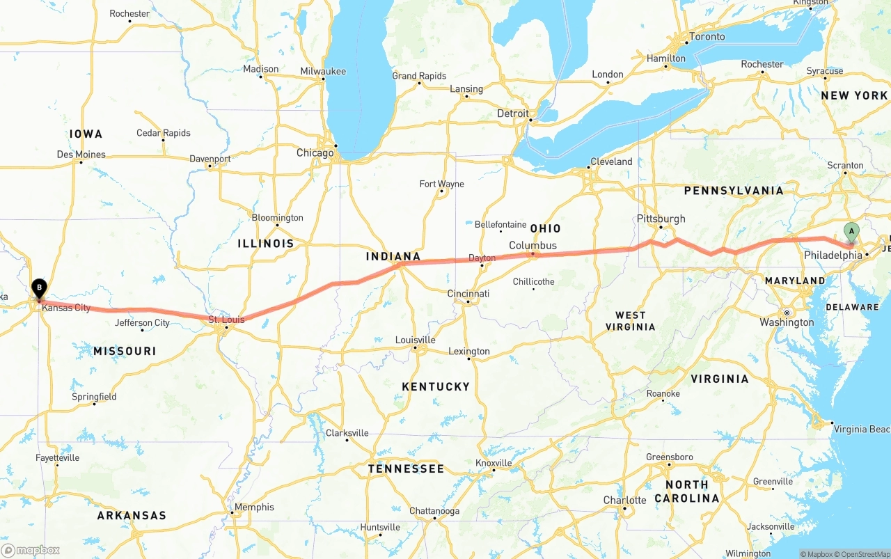 Shipping route from Phoenix to Kansas City