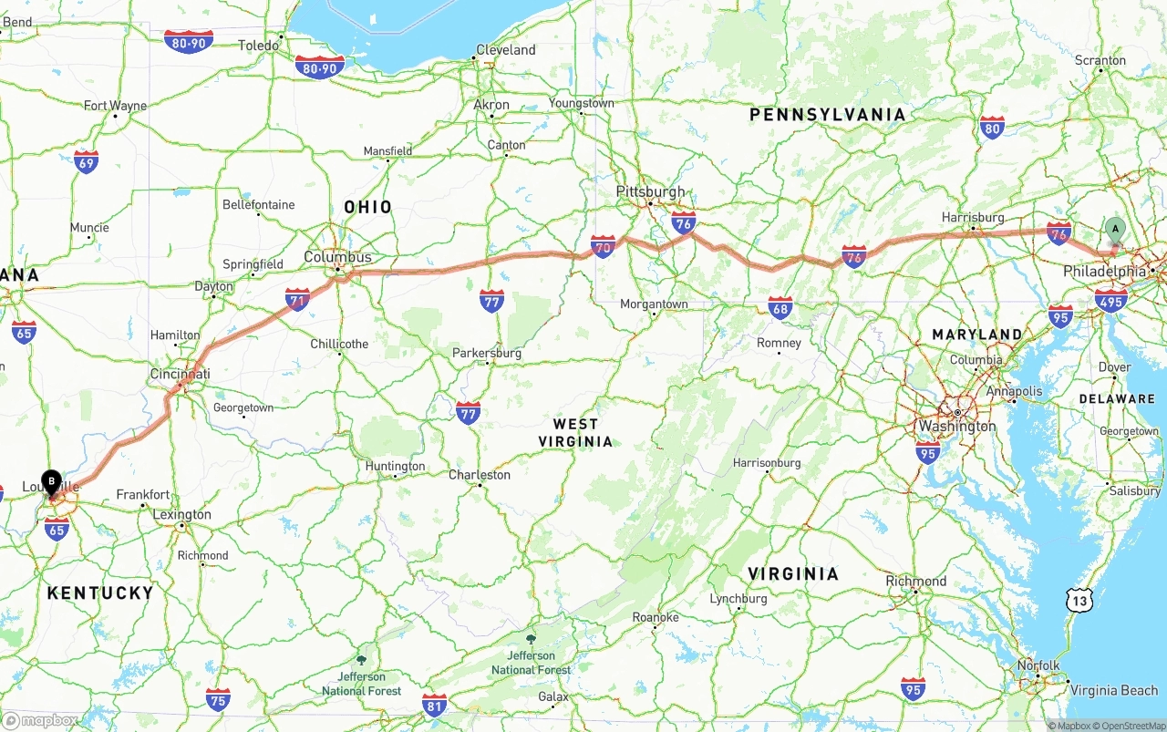 Shipping route from Phoenix to Louisville