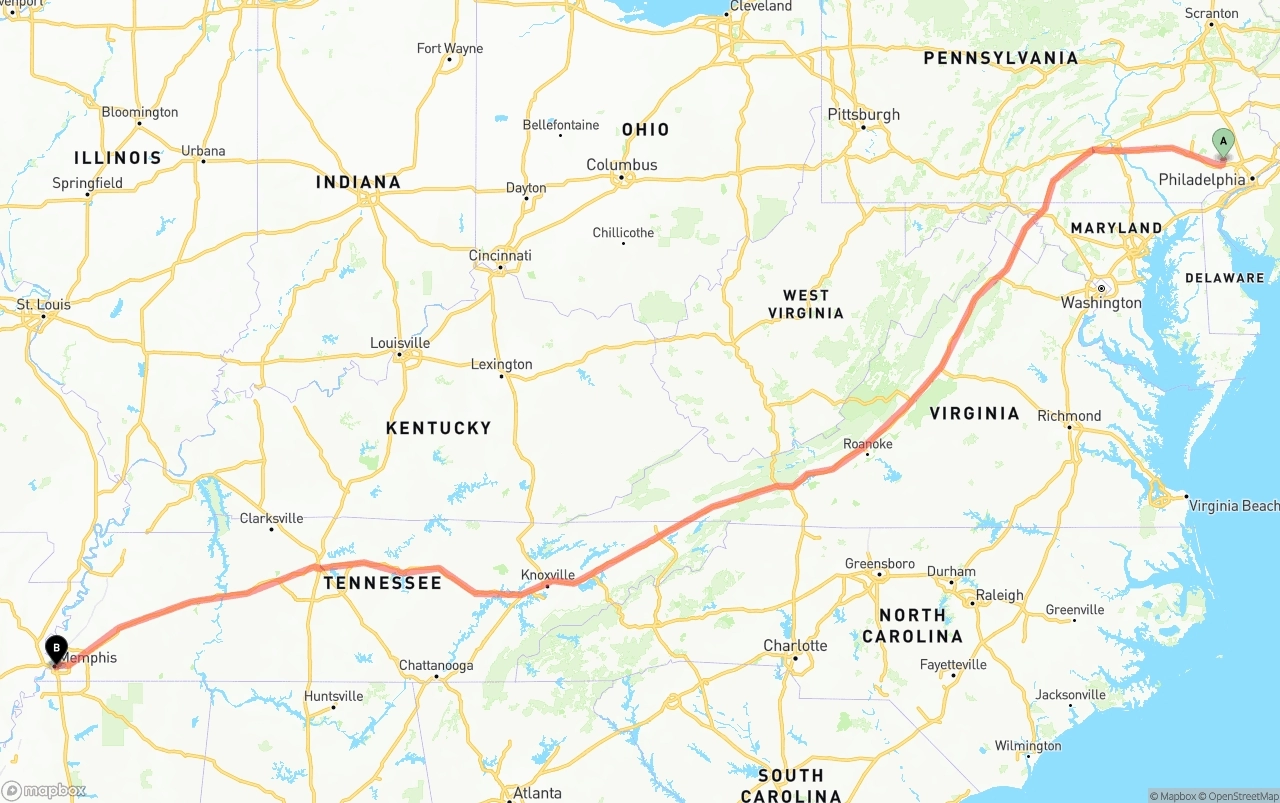 Shipping route from Phoenix to Memphis