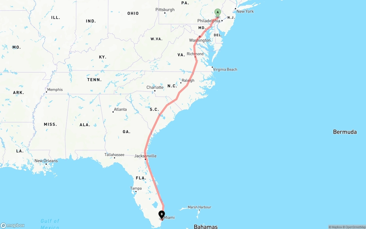 Shipping route from Phoenix to Miami International Airport