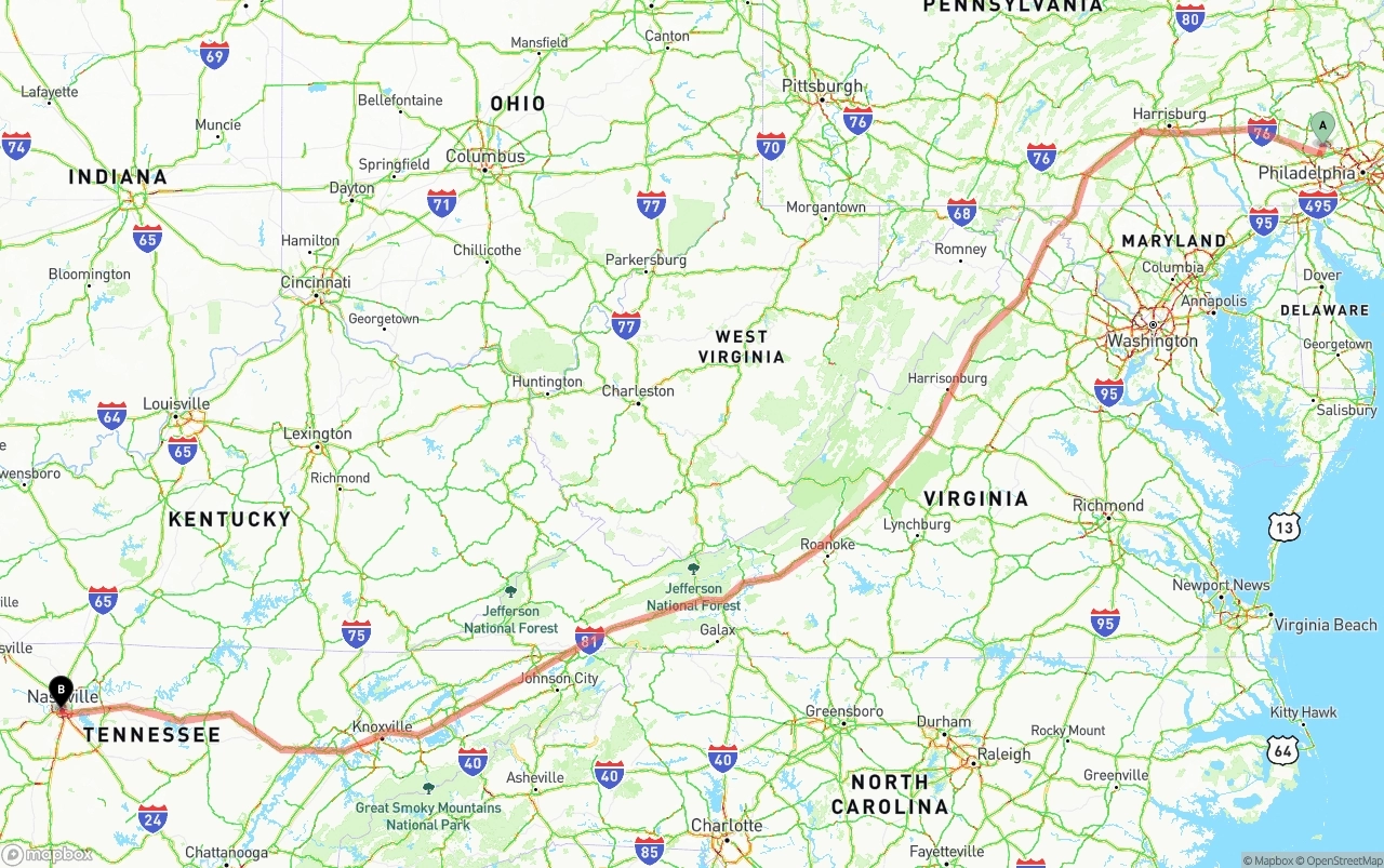 Shipping route from Phoenix to Nashville