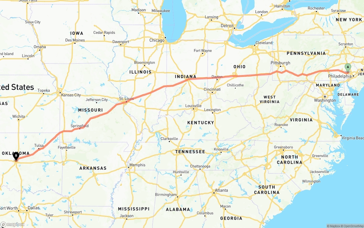 Shipping route from Phoenix to Oklahoma City
