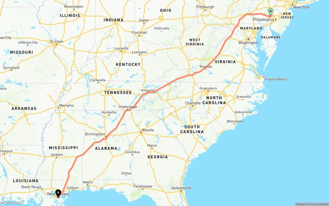 Shipping route from Phoenix to Port of New Orleans