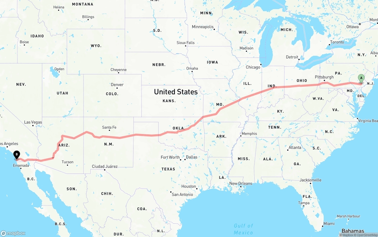 Shipping route from Phoenix to San Diego
