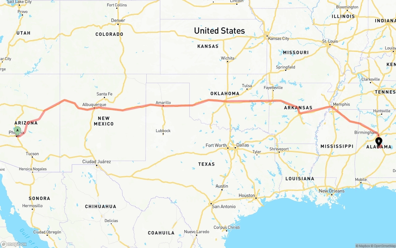 Shipping route from Phoenix Sky Harbor International Airport to Alabama