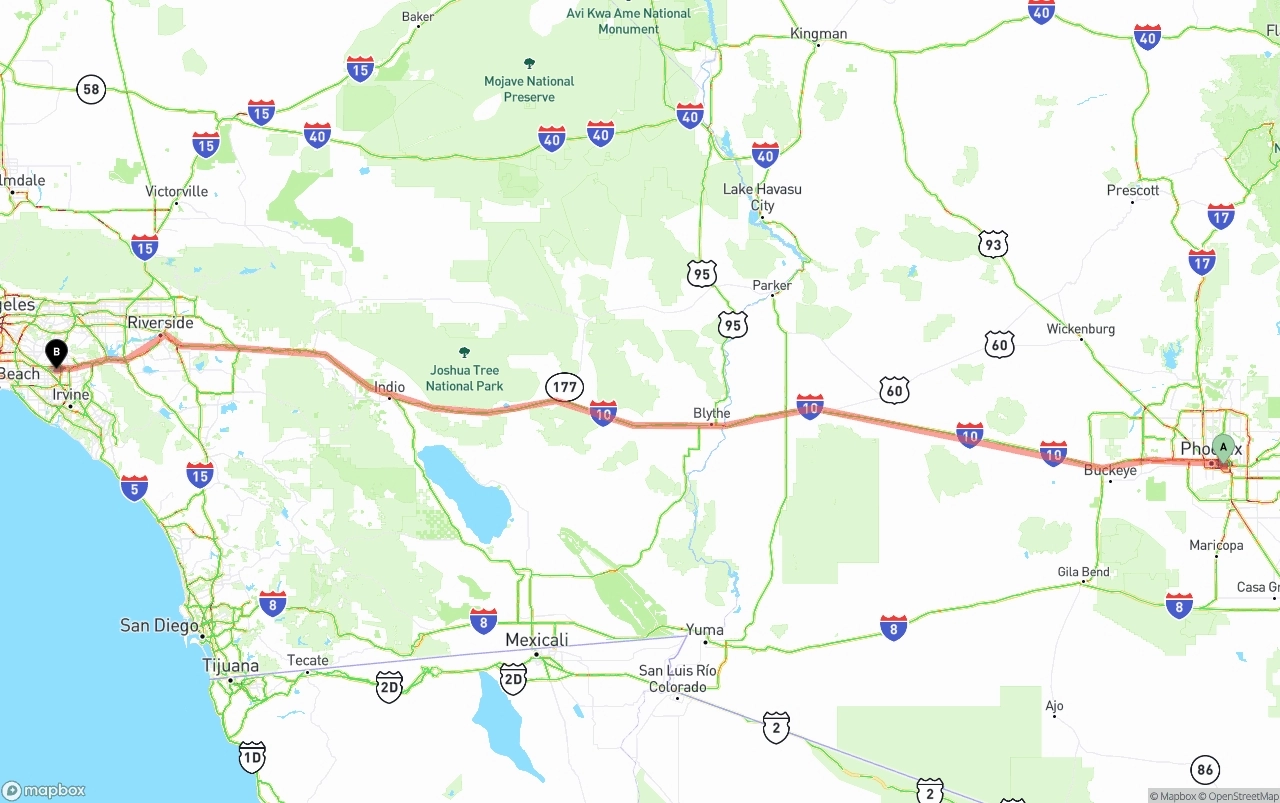 Shipping route from Phoenix Sky Harbor International Airport to Anaheim