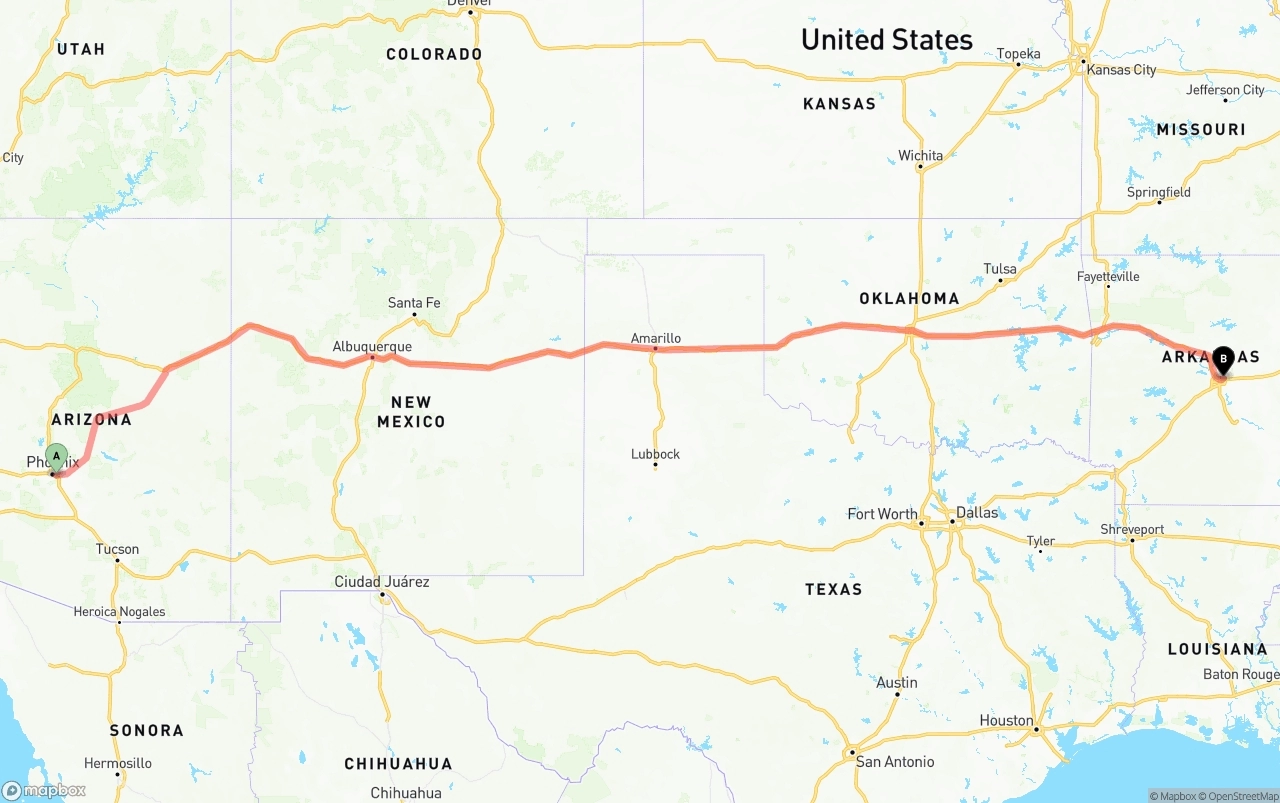 Shipping route from Phoenix Sky Harbor International Airport to Arkansas