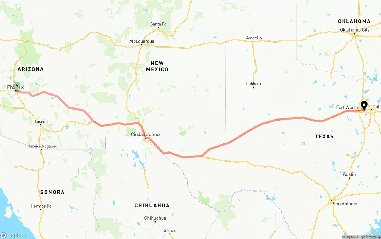 Shipping route from Phoenix Sky Harbor International Airport to Arlington