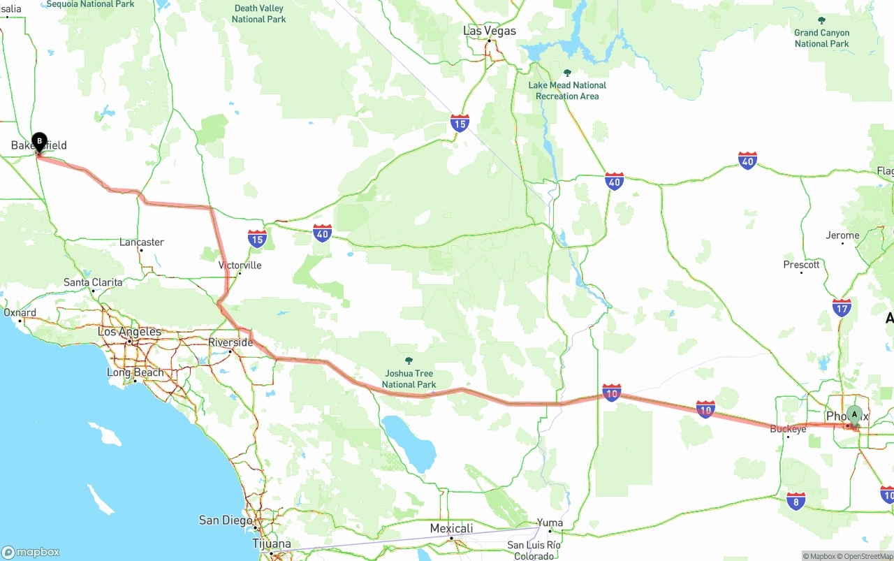Shipping route from Phoenix Sky Harbor International Airport to Bakersfield