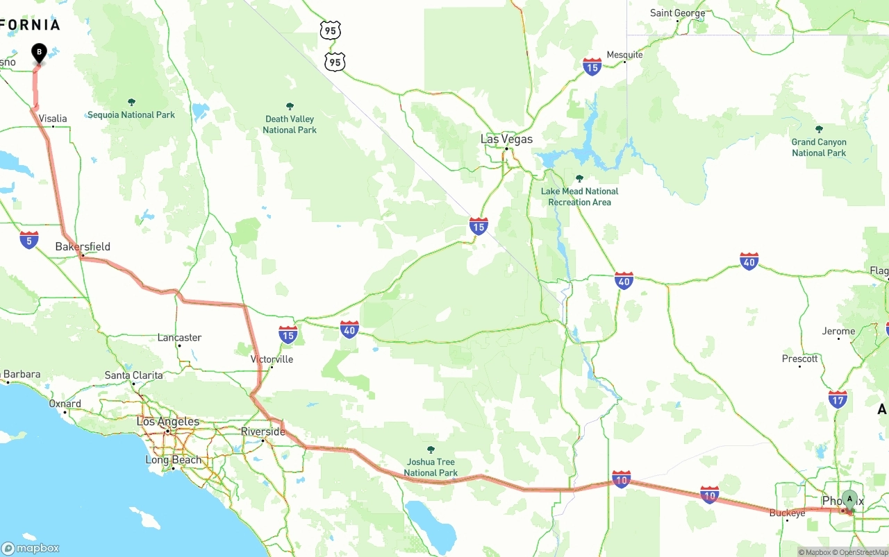 Shipping route from Phoenix Sky Harbor International Airport to California