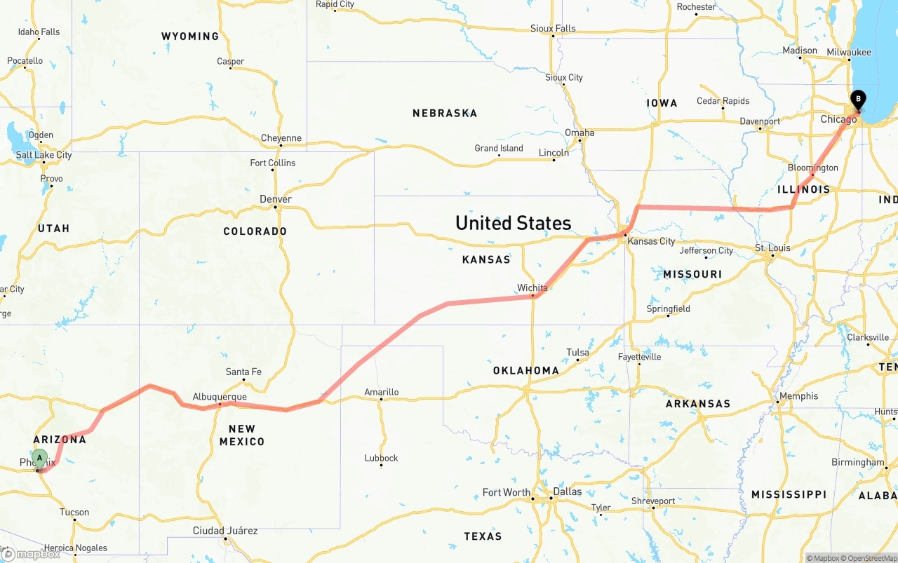 Shipping route from Phoenix Sky Harbor International Airport to Chicago