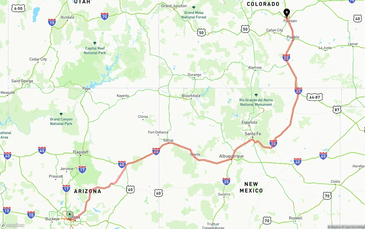 Shipping route from Phoenix Sky Harbor International Airport to Colorado Springs