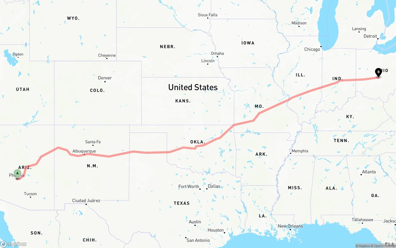 Shipping route from Phoenix Sky Harbor International Airport to Columbus