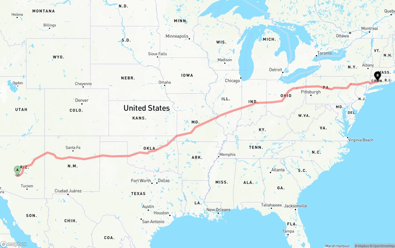 Shipping route from Phoenix Sky Harbor International Airport to Connecticut