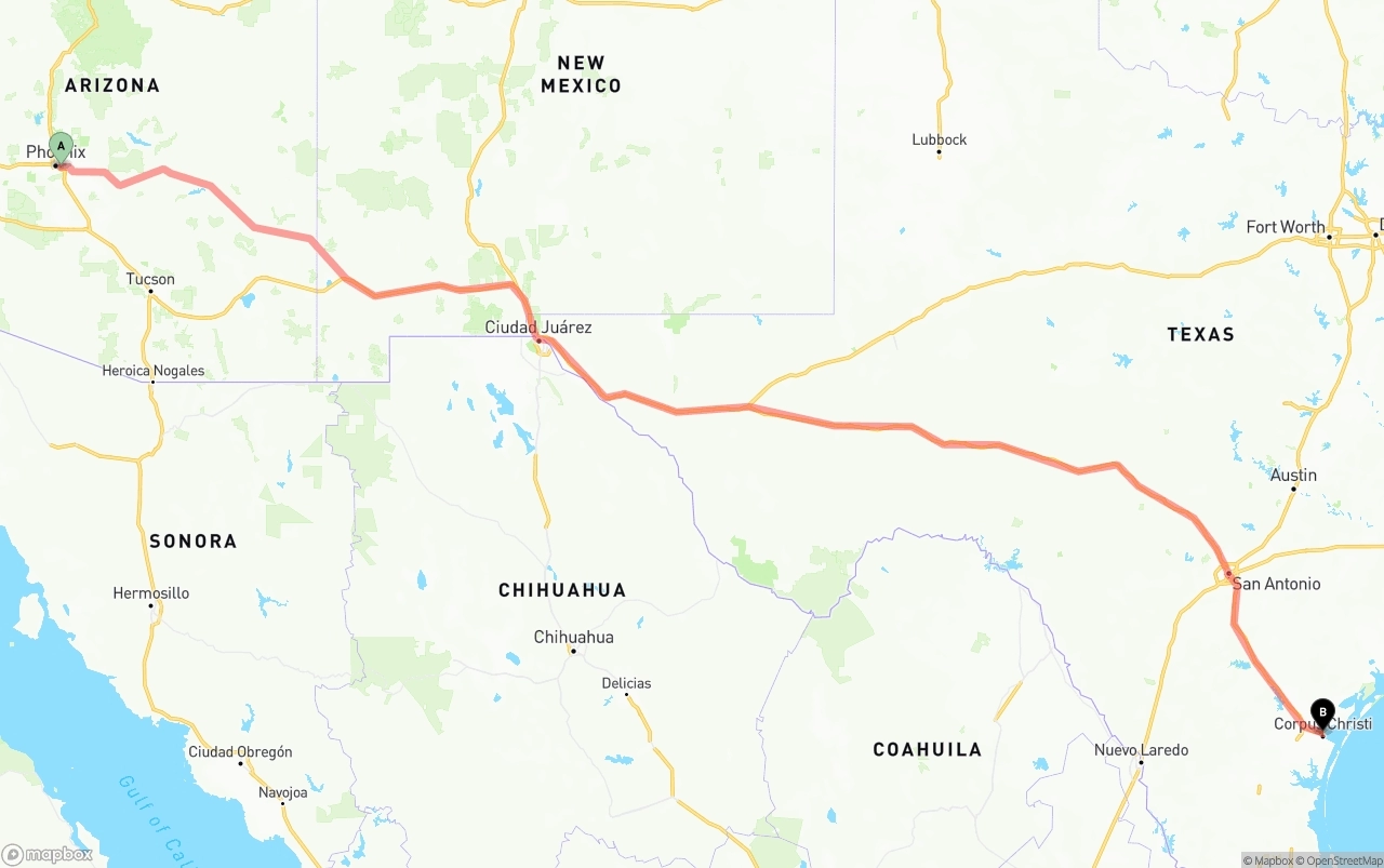 Shipping route from Phoenix Sky Harbor International Airport to Corpus Christi