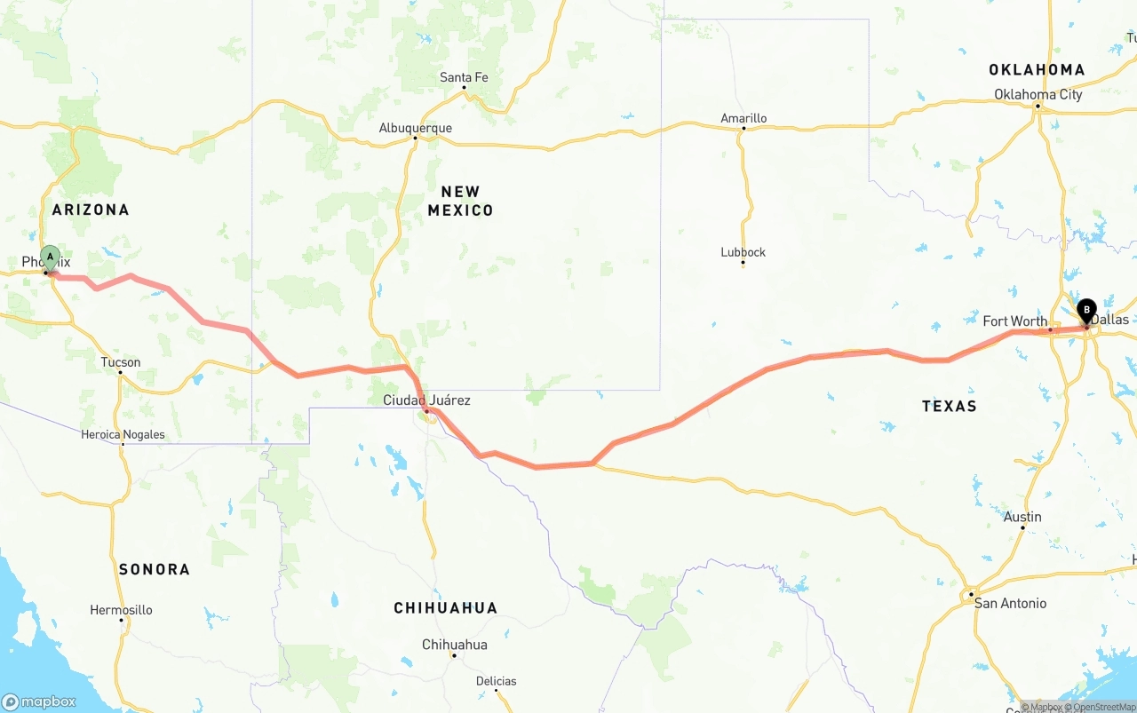 Shipping route from Phoenix Sky Harbor International Airport to Dallas