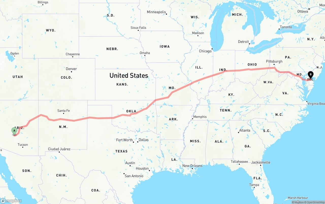 Shipping route from Phoenix Sky Harbor International Airport to Delaware