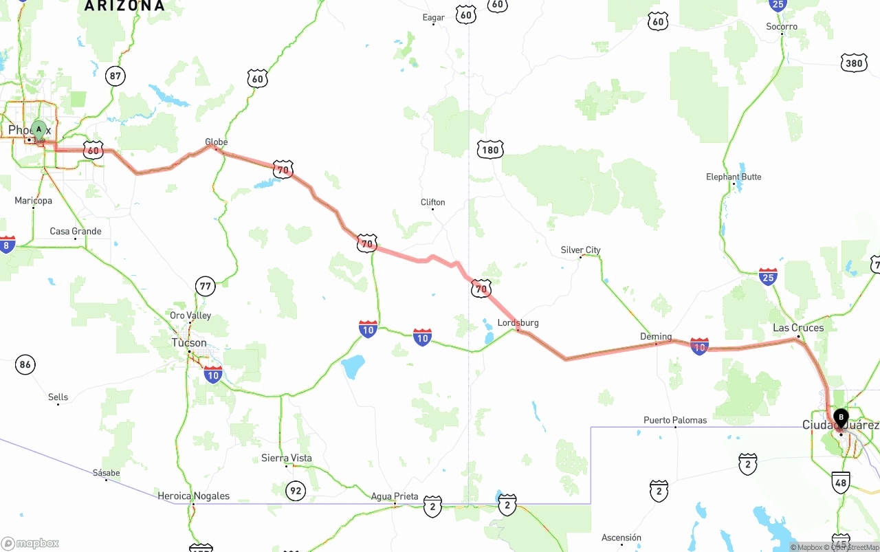 Shipping route from Phoenix Sky Harbor International Airport to El Paso