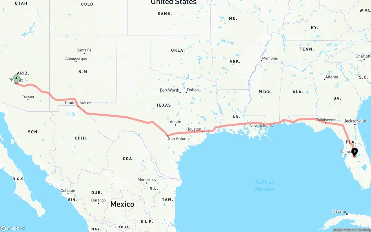 Shipping route from Phoenix Sky Harbor International Airport to Florida