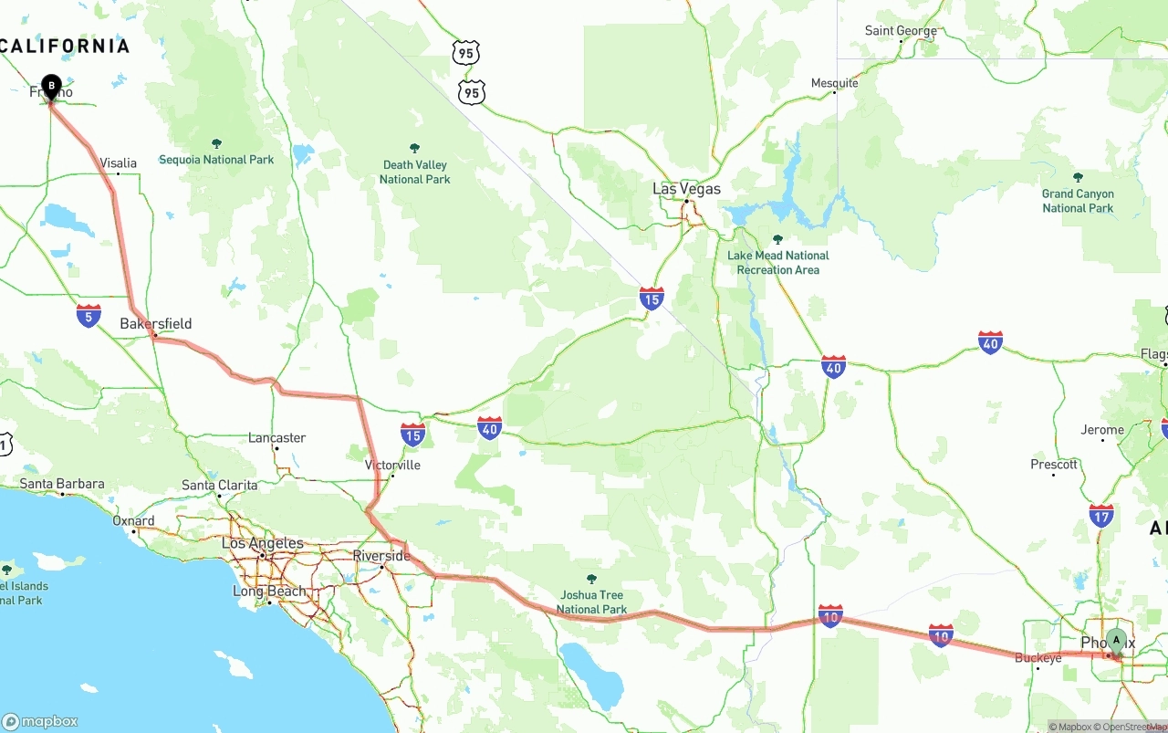 Shipping route from Phoenix Sky Harbor International Airport to Fresno