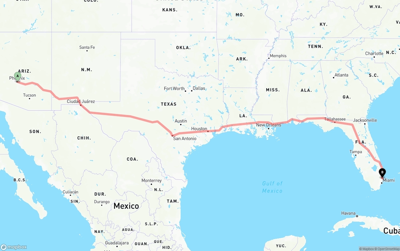 Shipping route from Phoenix Sky Harbor International Airport to Ft. Lauderdale
