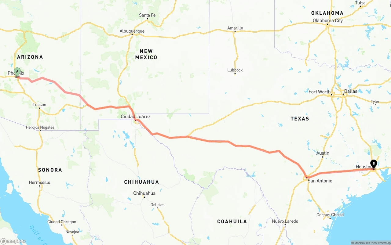 Shipping route from Phoenix Sky Harbor International Airport to Houston