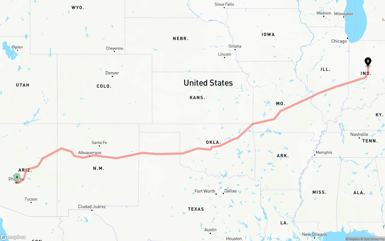 Shipping route from Phoenix Sky Harbor International Airport to Indiana