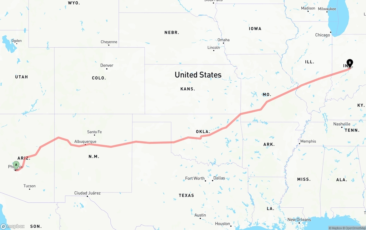 Shipping route from Phoenix Sky Harbor International Airport to Indianapolis