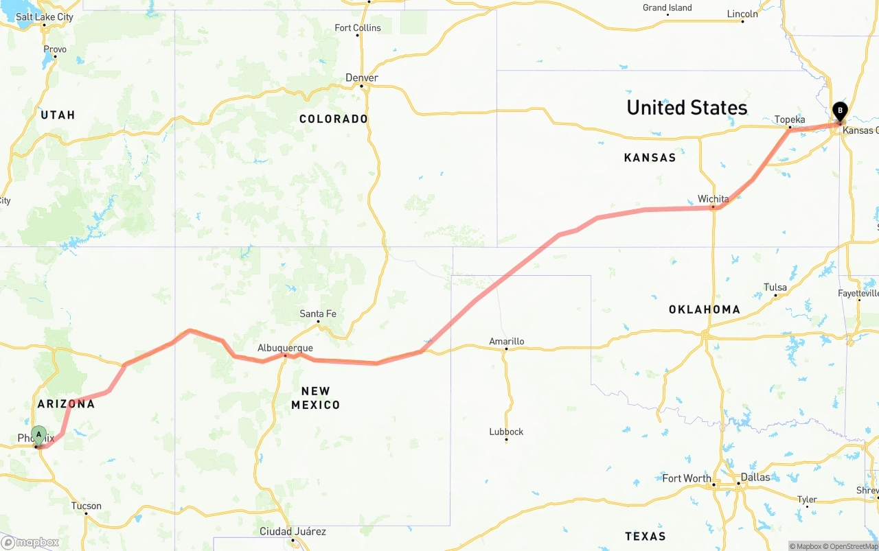 Shipping route from Phoenix Sky Harbor International Airport to Kansas City