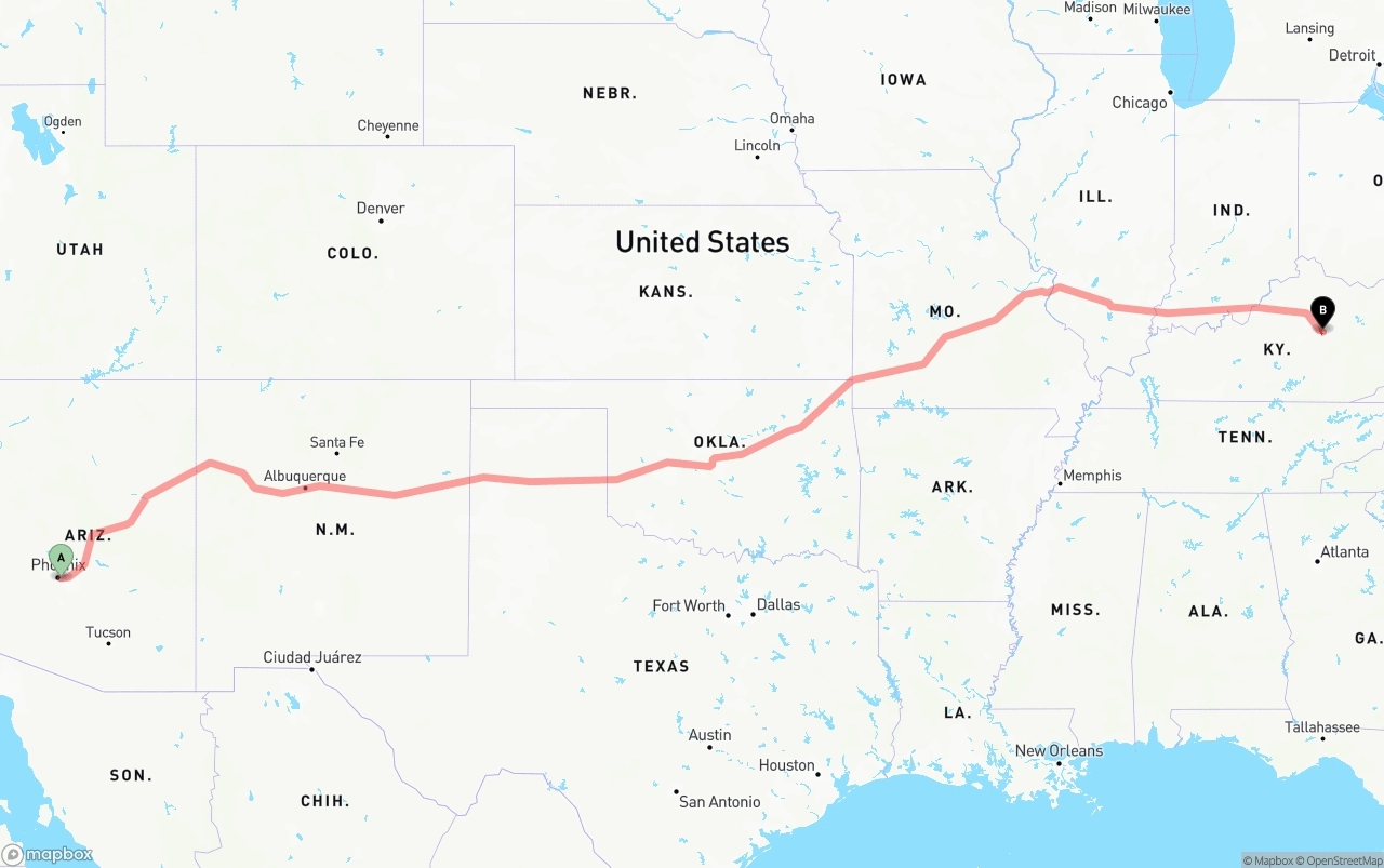Shipping route from Phoenix Sky Harbor International Airport to Kentucky