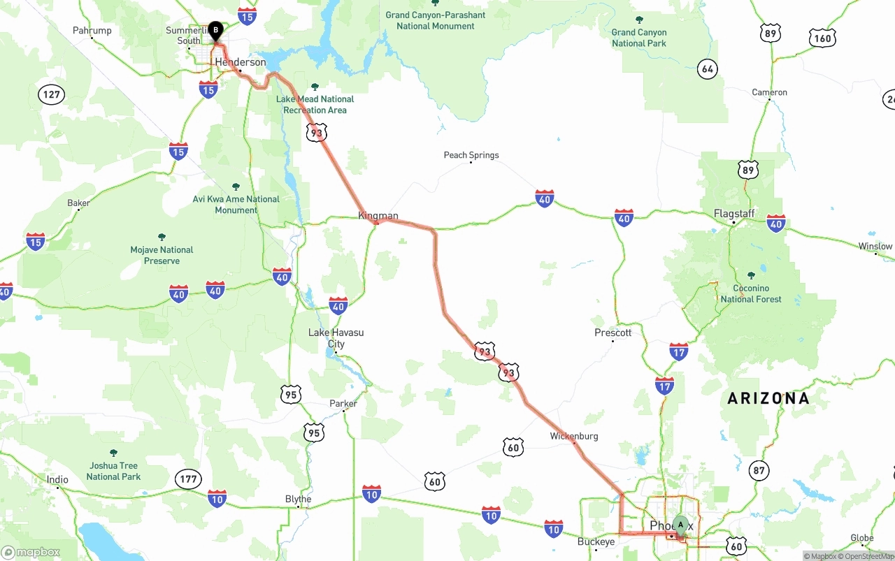 Shipping route from Phoenix Sky Harbor International Airport to Las Vegas