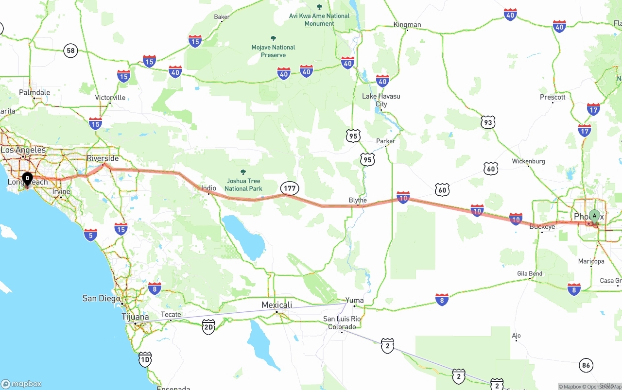 Shipping route from Phoenix Sky Harbor International Airport to Long Beach