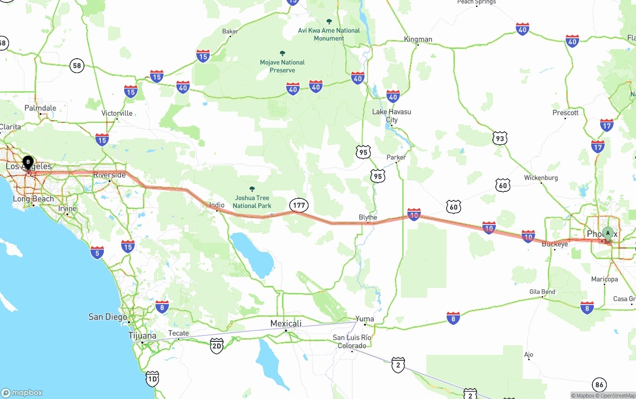 Shipping route from Phoenix Sky Harbor International Airport to Los Angeles