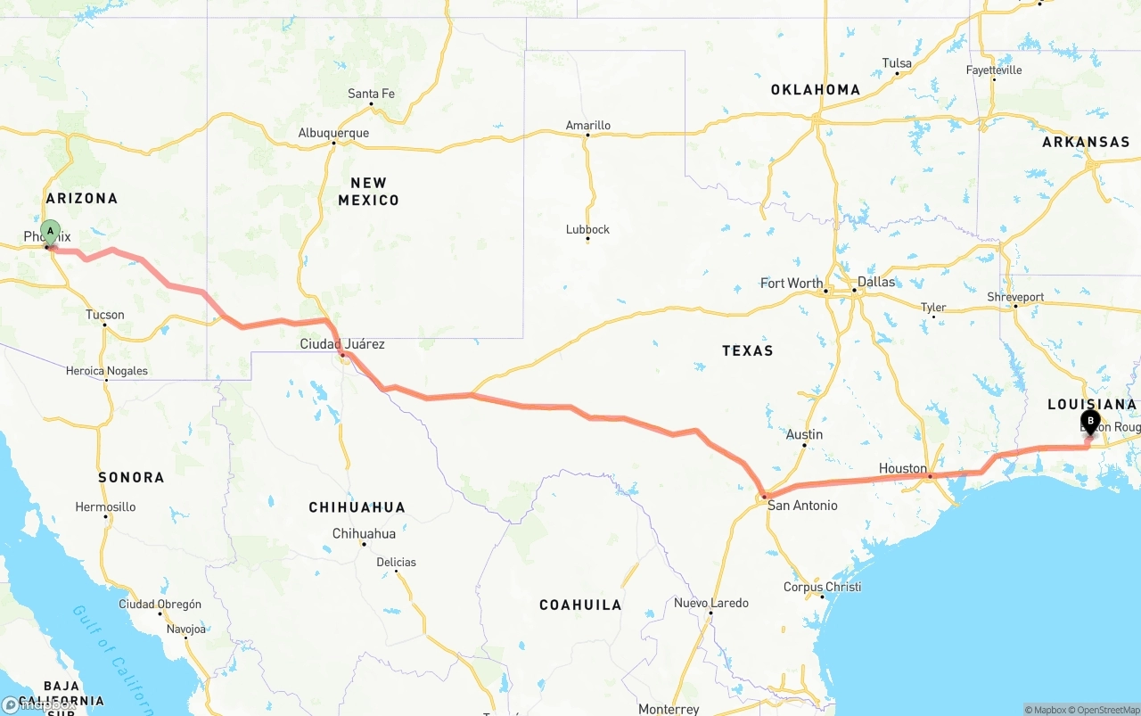 Shipping route from Phoenix Sky Harbor International Airport to Louisiana