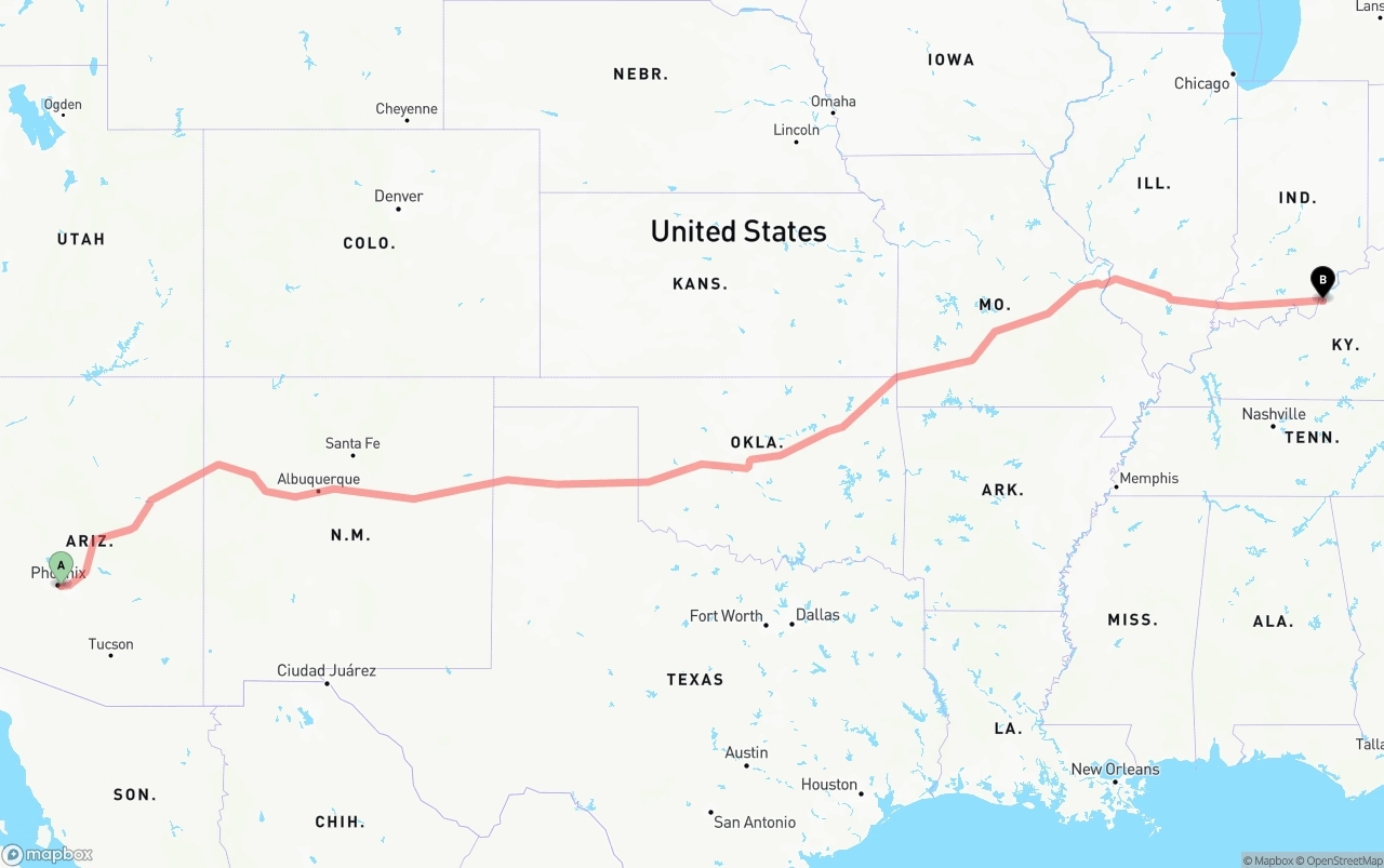 Shipping route from Phoenix Sky Harbor International Airport to Louisville